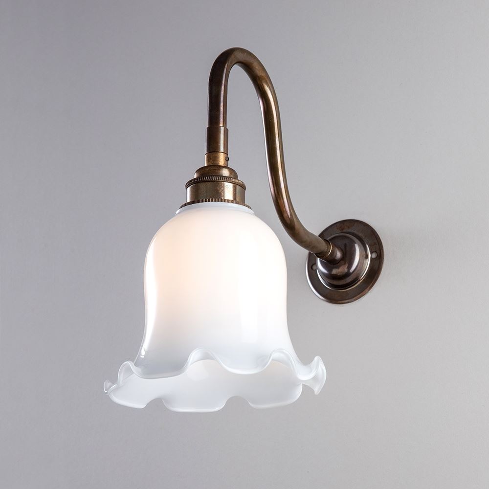 Old School Electric Tulip Opal Glass Wall Light Antique Brass