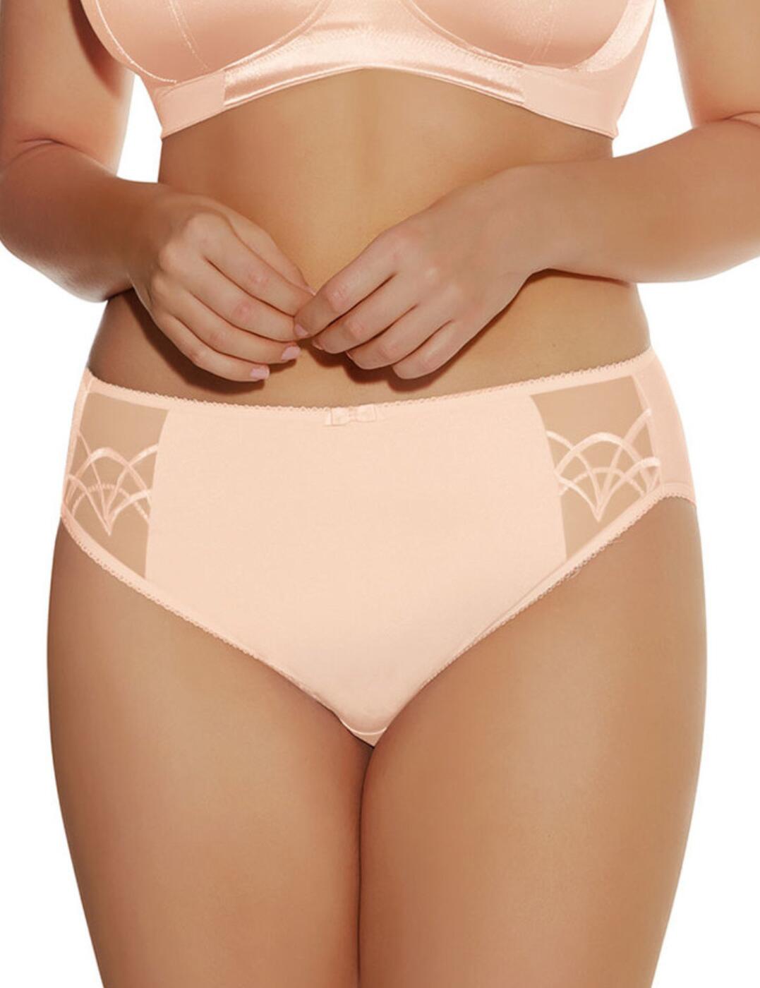 These Cate briefs from Elomi are carefree and elegant with sheer mesh side panels adorned with delicate arch embroidery. The mid-rise waist and full rear coverage give a comfortable fit, with the elasticated waistband ensuring they will stay snug and secure all day long. There is a chic bow embellishment on the front to add a classic touch to these briefs. The smooth edges minimise the visible panty lines for worry-free wear.  Mid-rise waist Full rear coverage Elasticated waistband Sheer embroidered mesh Bow embellishment Smooth silhouette Country of origin: Indonesia Composition: 76% Polyamide &pipe; 16% Elastane &pipe; 8% Cotton Listed in UK sizes  57915-102083-1324950 4035 Brief
