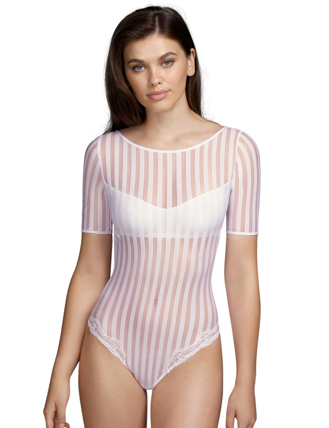 Create a bold look with the Johnson body by Andres Sarda. The semi-sheer fabric features contrasting opaque vertical stripes which expose an alluring glimpse of skin. A scoop-neckline highlights your collarbones and shoulders creating a feminine fit. The high-leg cut flatters your hips and creates the optical illusion of elongated legs. The back is open which highlights your feminine shape. Cheeky rear coverage highlights your curves. Perfect for wearing with your favourite jeans or as luxurious lingerie.  Scoop neck Sensual semi-sheer fabric Open-back design Lace trims on legs and rear Cheeky rear coverage Pull-on design Short sleeves Country of origin: Tunisia Composition: 78% Polyamide &pipe; 12% Elastane &pipe; 10% Cotton  Listed in UK sizes  54665-97526-1264835 3310540  Body