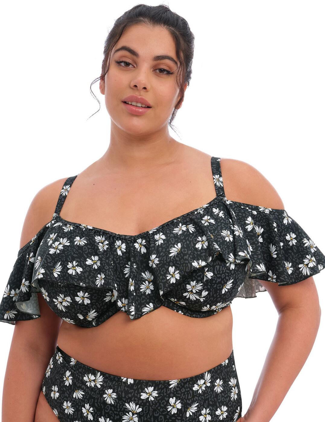 Update your swimwear collection with the Plain Sailing range by Elomi to ensure you feel and look good on your next vacation! This bardot bikini top is a feminine must-have with its all-over playful print and flattering ruffle detail that creates the bardot style that creates sleeves. The cups provide full coverage and are fully lined with a supportive fabric along with the underwiring that ensures a secure fit. Create your perfect fit with a clasp closure and adjustable straps. The fabric features Lycra Extra Life giving these swimwear pieces an extra-long life that protects them against chlorine and sunlight reducing discolouration. Other items from the Plain Sailing range are also available for a matching look.  Bardot bikini top Underwired Full coverage non-padded cups Fully lined with supportive fabric All-over playful print Clasp closure and adjustable straps Lycra Extra Life fabric for long-lasting swimwear Matching items are also available Country of origin: Indonesia Composition: 82% Nylon/ Polyamide &pipe; 18% Elastane Listed in UK sizes  57921-102089-1325025 7273  Full Cup Bikini Top
