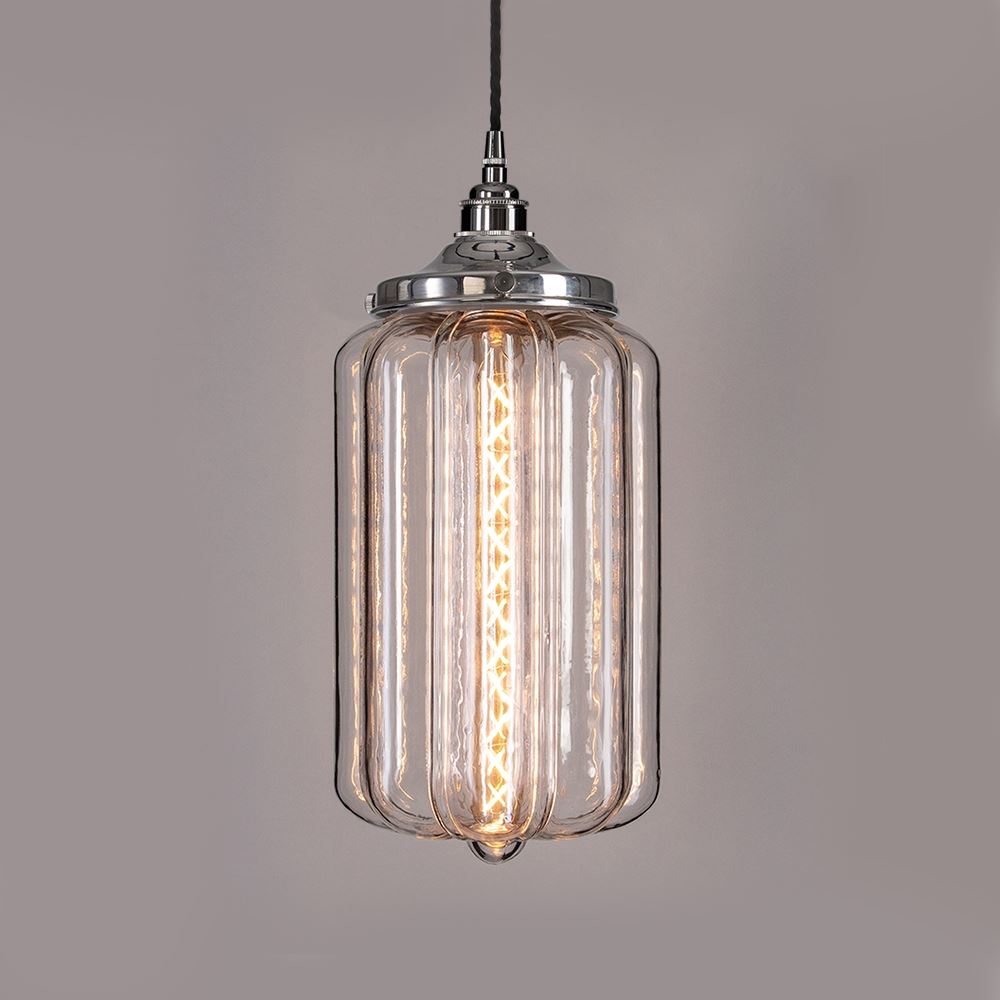 Old School Electric Ellington Pendant Clear Glass Black Flex With Polished Nickel Fittings Designer Pendant Lighting