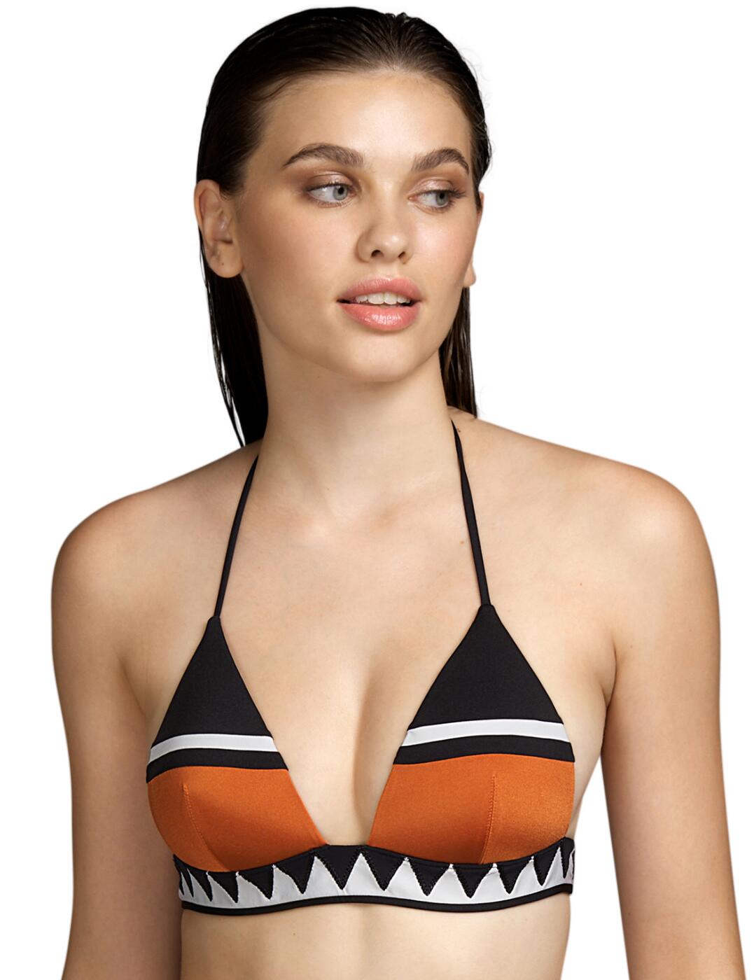 Swim into summer in the seductive and contemporary Shelley collection by Andres Sarda! This triangle padded bikini top is a gorgeous addition to accompany you on any holiday. This bikini top features sexy halterneck straps to uphold and flaunt your curves that also are adjustable so you can personalise fit and feel. The non-wired, padded cups allow for superb comfort whilst also shaping and supporting the bust. Secured at the back with a simple and elegant back clasp detail. Matching bikini briefs are available to complete this sultry set.  Sexy and modern Eco-friendly Halterneck adjustable straps Mini-triangle bikini cut Non-wired Padded cups Back clasp fastening Produced with 42% of recycled yarns Country of origin: Tunisia Composition: 58% Polyamide &pipe; 29% Polyester &pipe; 13% Elastane Listed in UK sizes  54721-97591-1266088 3410322 Padded Triangle Bikini Top