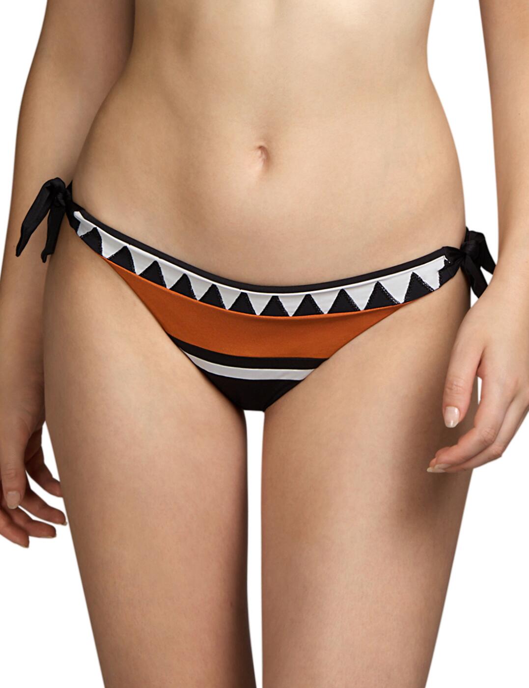 Lap up the life of luxury in Andres Sarda's Shelley collection this season! Sexy and bold this bikini brief exudes pure sophistication and opulence. Features adjustable side ties that can offer a personalised fit for you and your curves. The funky yet chic geometric print will be a surefire way all eyes are on you this season. Low rise waist so you can show off that summer glow. Get the matching coordinate to complete this gorgeous bikini set.  Eco friendly Produced with 81% of recycled yarns Cheeky medium rear coverage Fun and flirty geometric print Low rise waist Adjustable side ties Country of origin: Tunisia Composition: 81% Polyamide &pipe; 18% Elastane &pipe; 1% Polyester  Listed in UK sizes  54723-97595-1266102 3410355 Side Tie Bikini Brief