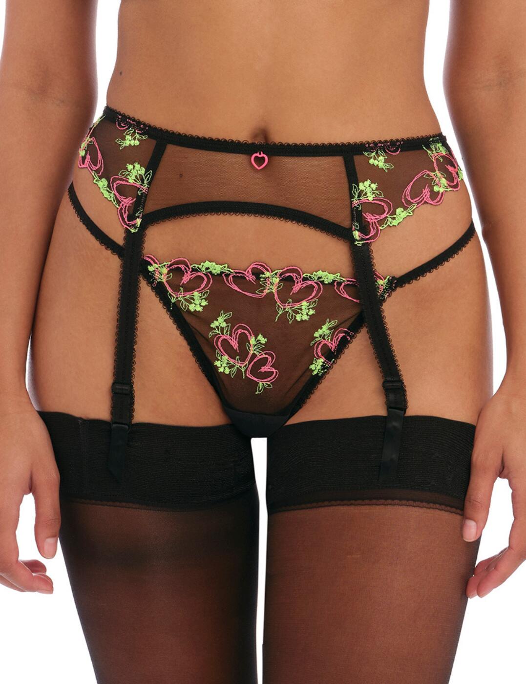 Opt for Freya's Love Land range if you seek something interesting and unconventional. With beautiful, heart-shaped embroidery framing the sides, this seductive suspender belt is crafted from semi-sheer fabric for the utmost seduction. Adjustable suspenders ensure stockings are suspended in style, and the garment secures at the rear with a hook and eye clasp.  Fun and playful look Comfortable fit Beautiful, heart-shaped embroidery Semi-sheer panels for a seductive touch Adjustable suspender straps Composition: 52% Nylon &pipe; 30% Elastane &pipe; 18% Polyester Country of Origin: Tunisia Listed in UK sizes  57953-102135-1329053 401091 Suspender Belt