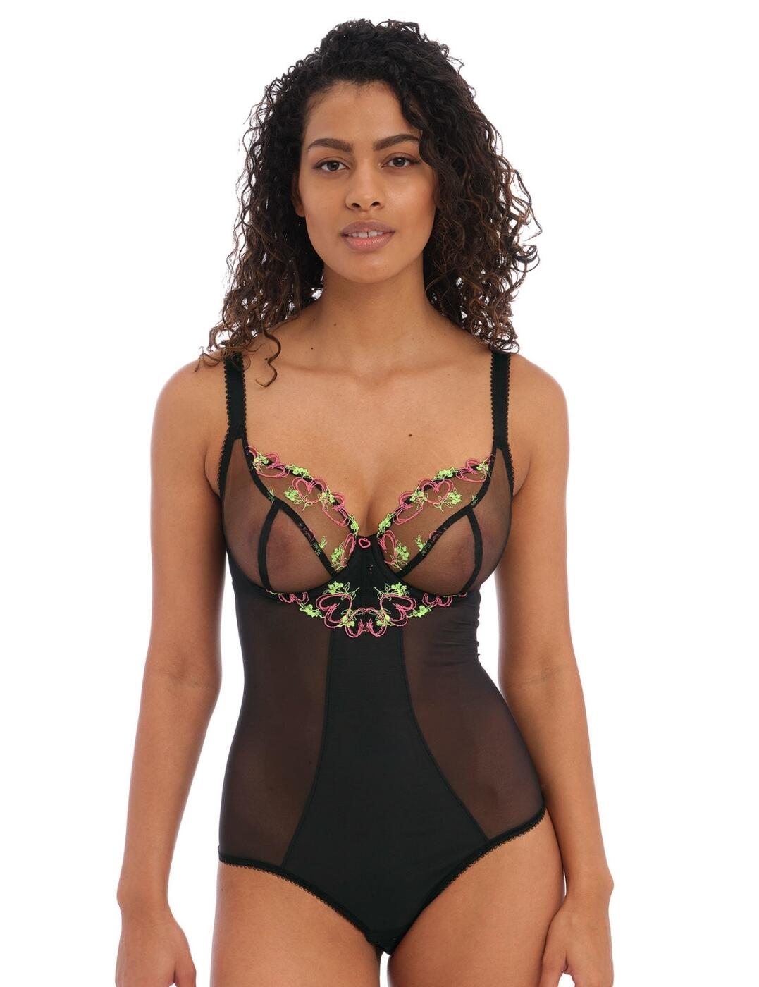 Freya's Love Land collection continues with this fabulous body. A seductive, feminine look that encases your curves to provide the ultimate silhouette. With decorative, heart-shaped embroidery, that cascades down semi-sheer mesh, this body is underwired for firm uplift and support. The cups are non-padded for a natural look, whilst varying degrees of opacity within the mesh create a visually slimming look. This body boasts adjustable straps and a hook and eye clasp at the rear to secure it.  Sexy, fun design Comfortable fit Varying opacity to create a visually slimming effect Underwired support and uplift Non-padded cups for a natural look Plunging centre for great cleavage Fully adjustable straps for an individual fit Secures at the back with a hook and eye clasp Composition: 82% Nylon &pipe; 8% Elastane &pipe; 10% Polyester Country of Origin: Tunisia Listed in UK sizes  57954-102136-1356792 401093 Body