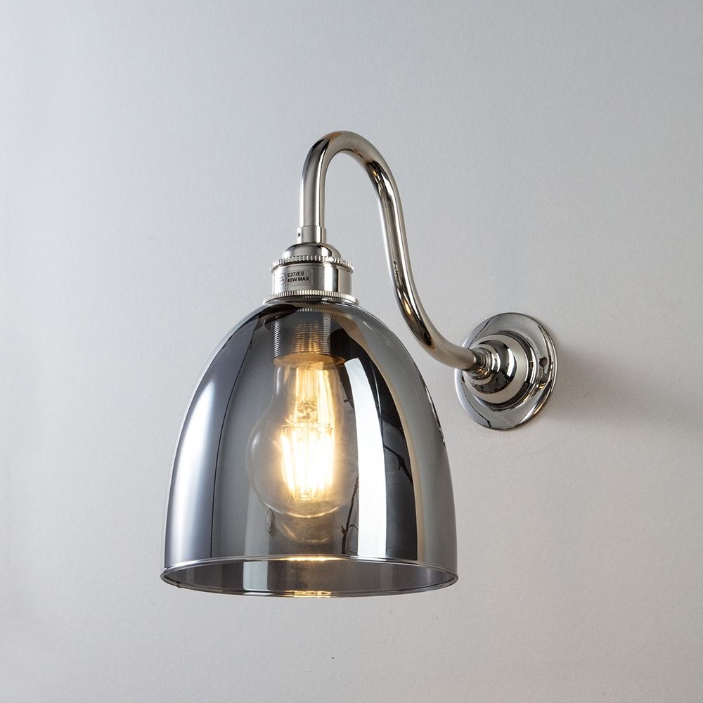 Old School Electric Glass Swan Arm Wall Light Smoked Polished Nickel Arm With Smoked Bell Shade