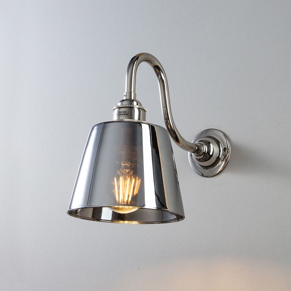 Old School Electric Glass Swan Arm Wall Light Smoked Polished Nickel Arm With Smoked Tapered Shade