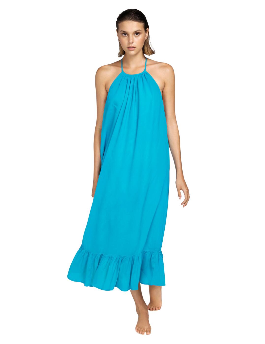What better way to complement your stylish beach outfit than to reach for this comfortable and elegant De Gouges beach dress from Andres Sarda. The loose fit will flow around your silhouette and give you an ethereal look. The ruffles on the bottom and the gathered material on the neckline make you look playful and feminine. This dress features a deep open back, further accentuated by the halterneck tie-up with a long string going down your back. On the bottom of the strings, there is a cute tassel and an elegant golden metallic hardware detail. The whole outfit creates a stylish summery feel with a feminine touch.  Deep open back Halterneck tie-up with long strings Loose fit with ruffle edges Approx. mid-calf length Non-padded and non-wired Matching coordinates available Care: Hand wash Country of origin: India Composition: 50% Cotton &pipe; 50% Viscose Listed in UK sizes  54735-97607-1266262 3410670 Dress
