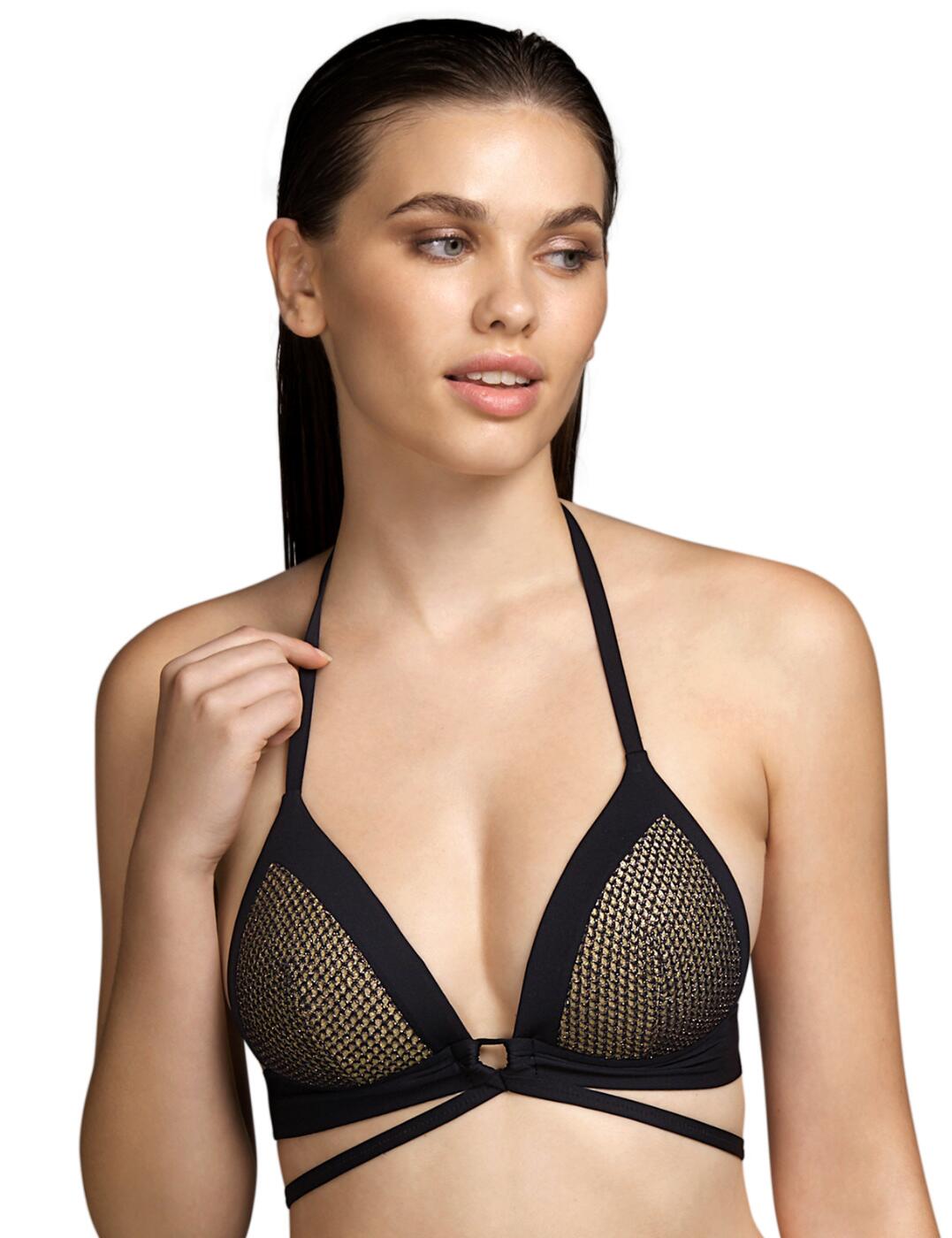 The incredibly stylish and elegant design of this Baker bikini top from Andres Sarda will make you want to flaunt your new look on the beach and make everyone jealous. The deep plunging neckline, accentuated by the triangle cups in a contrasting coloured netted material, will surely draw attention to your tempting decolletage. The flattering halterneck tie-up is complemented by the chic string detail, with the strips tying under the chest, creating an original and stylish look.  Deep plunging neckline with triangle cups Trendy string detail tied under the chest Tie-up halterneck Swimwear clip back fastening Non-wired Padded Matching coordinates available Care: Hand wash Country of origin: Tunisia Composition: 67% Polyamide &pipe; 23% Polyester &pipe; 9% Elastane &pipe; 1% Metal fibre  Listed in UK sizes  54737-97618-1266407 3410822 Padded Plunge Bikini Top