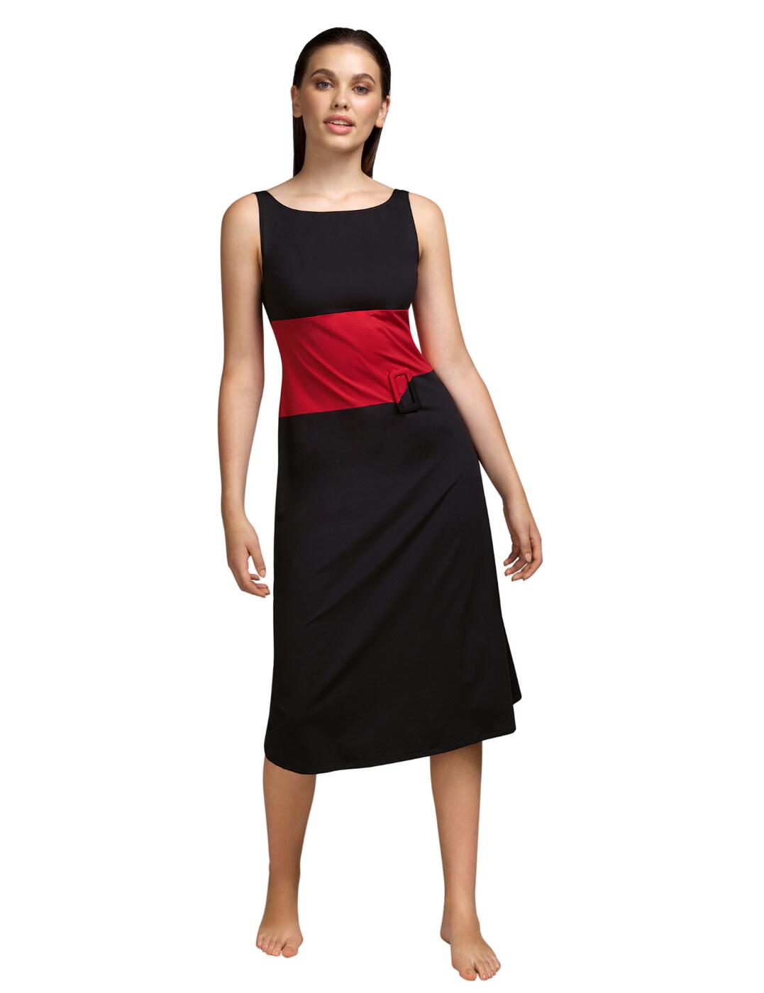 Whether you want a stylish choice for your summer outfit or you want to put something nice on top of your swimsuit, this Beauvoir dress from Andres Sarda is a perfect choice. The modest bateau neckline and approximately knee-high length of this dress create an elegant classy look, while the deep open back gives a bit of spice to this otherwise reserved design. The contrasting coloured panel in the middle optically cinches your waist, and the trendy buckle detail on the side adds another stylish touch to this gorgeous dress.  Modest bateau neckline Deep open back Trendy buckle detail Wide shoulder straps Approx. knee-high length Matching coordinates available Care: Hand wash Country of origin: Tunisia Composition: 90% Polyamide &pipe; 10% Elastane  Listed in UK sizes  54763-97644-1266518 3410772 Cover Up