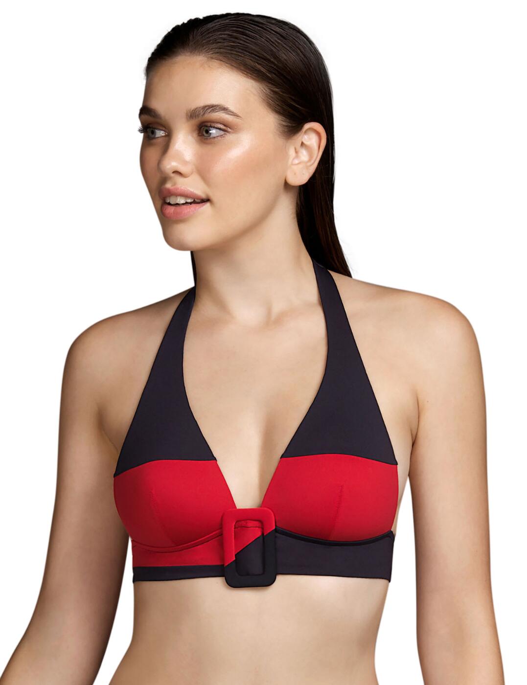 The classic swimwear designs get a new life with Andres Sarda's eye for trendy styles. This bikini top features a bold double-coloured pattern and a chic buckle detail in the centre of the chest, creating an absolutely breathtaking whole in an iconic Beauvoir style. The halterneck design is an epitome of a classic swimwear fashion. Together with the deep plunging neckline and triangle cups, it creates an incredibly alluring decolletage. The cups provide full coverage and are padded, which makes this bikini top very comfortable to wear.  Deep plunging neckline with triangle cups Full-cup coverage Trendy buckle detail Tie-up halterneck Swimwear clip back fastening Non-wired Padded Matching coordinates available Care: Hand wash Country of origin: Tunisia Composition: 68% Polyamide &pipe; 24% Polyester &pipe; 8% Elastane  Listed in UK sizes  54764-97645-1266478 3410720 Halter Bikini Top