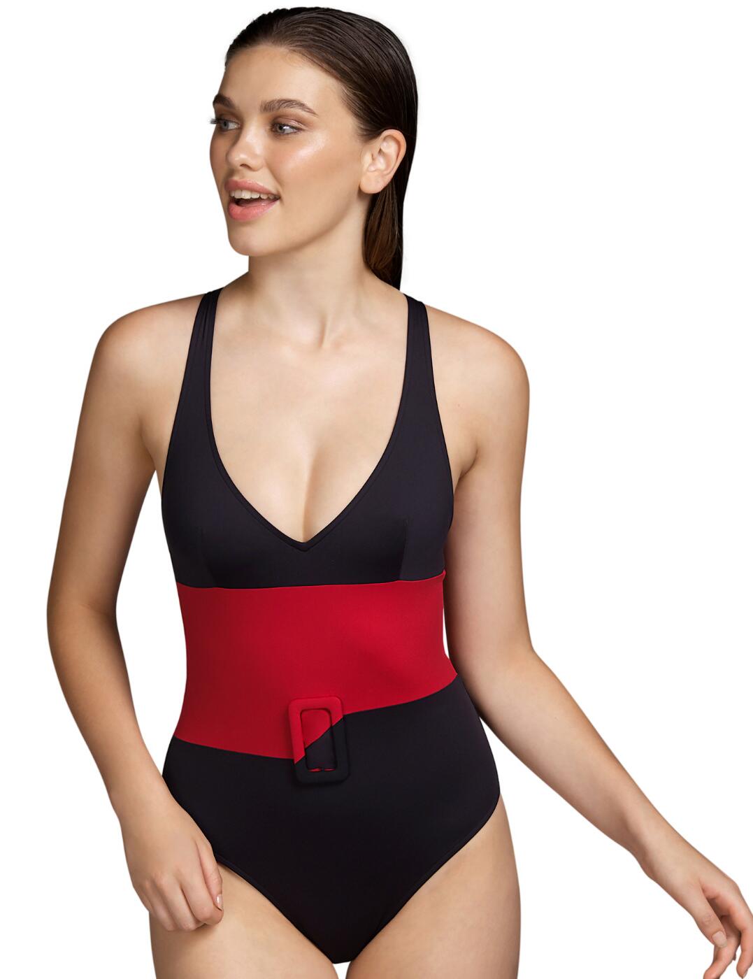 The Beauvoir collection from Andres Sarda transforms classic designs into new fashionable styles. This control swimsuit is the perfect example. The traditional one-piece cut featuring moderate rear coverage with non-wired and non-padded cups is incredibly comfortable to wear, so it's no wonder why it is such a popular choice for a swimwear outfit. However, with the double-coloured pattern and modern buckle detail in the centre of the waist, this swimsuit creates an incredibly chic look. To top it off, this piece has a deep plunging neckline with triangle cups, giving you a flattering and seductive decolletage.  Deep plunging neckline with triangle cups Trendy buckle detail Multiway shoulder straps Pull-on design Non-padded and non-wired Moderate rear coverage Matching coordinates available Care: Hand wash Country of origin: Tunisia Composition: 90% Polyamide &pipe; 10% Elastane  Listed in UK sizes  54766-97647-1266495 3410736 Swimsuit