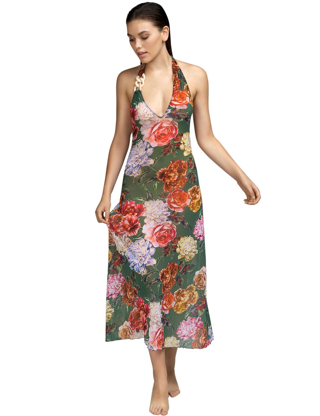 The refreshing design of this Woolf dress from Andres Sarda is sure to become a new favourite in your stylish summer collection. The deep plunging neckline with a halterneck tie-up is accentuated by the striking thick chain detailing in the iconic Woolf style, creating an incredibly alluring decolletage. The deep open back only further reinforces the seductive style. The revealing top is offset by the approximately mid-calf length of this dress, effortlessly balancing the elegant style with the feminine vibe. The material in an eye-catching print subtly clings to your curves, highlighting your silhouette in the most flattering way.  Deep plunging neckline Deep open back Eye-catching floral colours Thick chain detail on the strap Wide shoulder straps in a halterneck tie-up style Approx. mid-calf length Matching coordinates available Care: Hand wash Country of origin: Spain Composition: 100% Polyamide  Listed in UK sizes  54779-97664-1266617 3410970 Dress