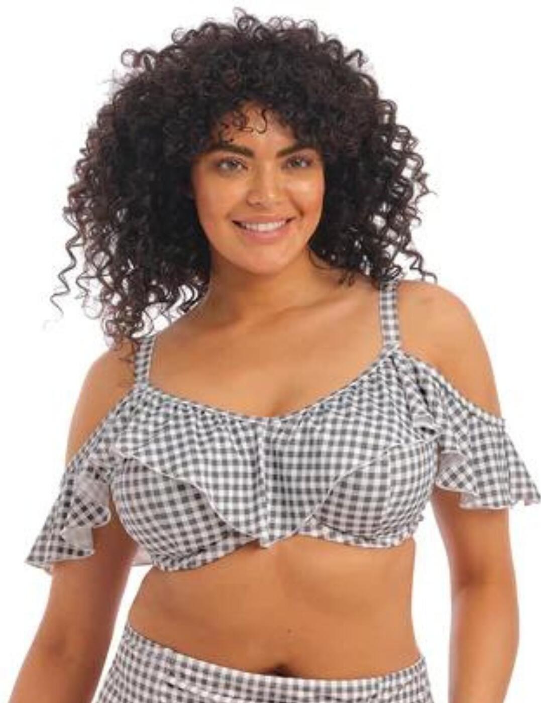 Looking for a confidence boost and to show off your curves on your next vacation, if so this bardot bikini top is the one for you! From the Checkmate range by Elomi, this bikini top features the all-over gingham print with the ruffle bardot detail that creates chic sleeves. It provides great full coverage with fully lined cups for subtle padding with supportive underwiring and Powernet lining for additional comfort and support. The bra ensures a unique fit with a clasp closure and adjustable straps. Made from soft and smooth fabric, you'll feel amazing all day and even better it's made with Xtra Life Lycra, meaning you can use your swimwear as much as you like without worrying about chlorine or sunlight damage, as it's protected. Matching bikini briefs are also available for a fully coordinated look.  Bardot bikini top All-over gingham print Chic ruffle creates sleeves Fully lined full coverage cups Supportive underwire Powernet lining Clasp closure and hook and eye closure Xtra Life Lycra protects your swimwear from damage A matching bikini brief is also available Country of origin: Indonesia Composition: 82% Nylon/ Polyamide &pipe; 18% Elastane Listed in UK sizes  57995-102190-1326508 800306  Full Cup Bikini Top