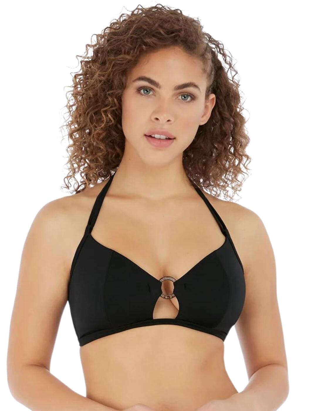 Be beach ready in style with Freya's Coco Wave collection this season. This triangle bikini top is crafted to accentuate and showcase your beautiful natural curves. This piece boasts a statement O-ring detailing on the centre front for a peephole effect and is made from the natural by-product of coconut for a modern edge. This piece is as versatile as it is a classic with the minimalist lightly padded two-section cups that create a flattering shape to the bust. This piece has an adjustable halter neck tie for a look you can change entirely to your own preference.  Stunningly simple Coconut ring at centre front for a modern look Lightly padded Two-section cup Non-wired Plunging neckline Adjustable halter neck ties Clip fastening Matching coordinates available Country of origin: Tunisia Composition: 36% Polyamide &pipe; 26% Seaqual® &pipe; 13% Elastane &pipe; 25% Polyester Listed in UK sizes  58113-102389-1332439 7002  Halter Bikini Top
