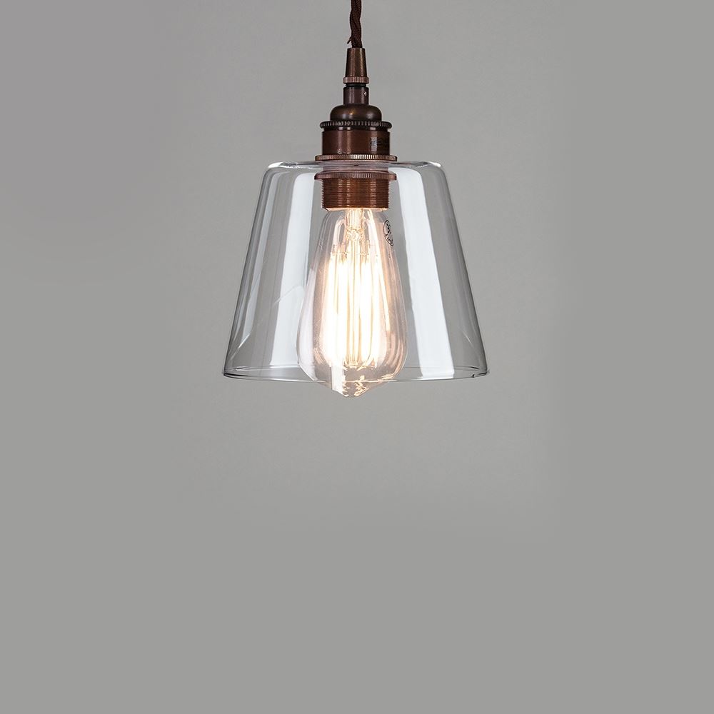 Old School Electric Tapered Blown Glass Pendant Small Brown Flex Antique Brass Fittings Clear Designer Pendant Lighting