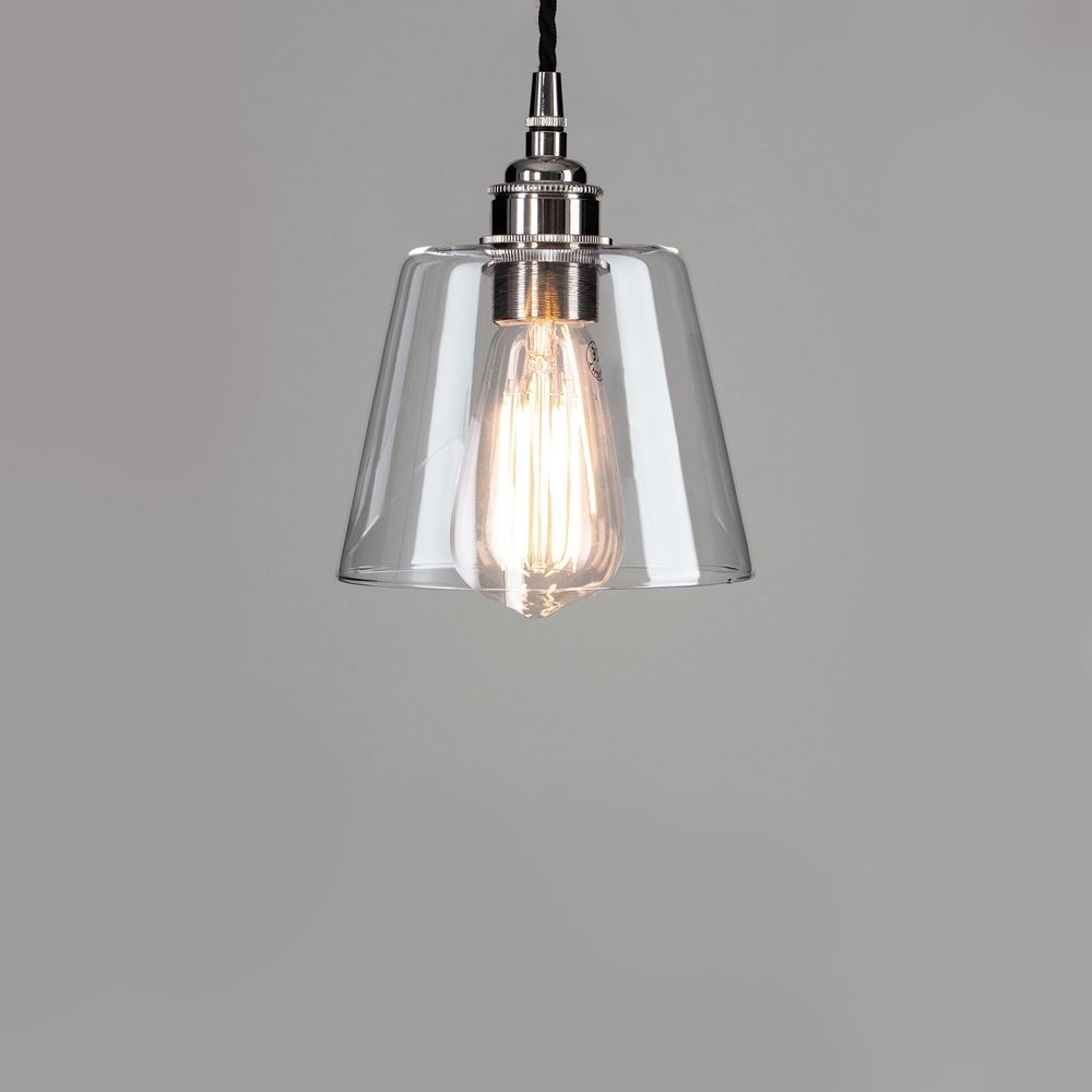 Old School Electric Tapered Blown Glass Pendant Small Black Flex Polished Nickel Fittings Clear Designer Pendant Lighting