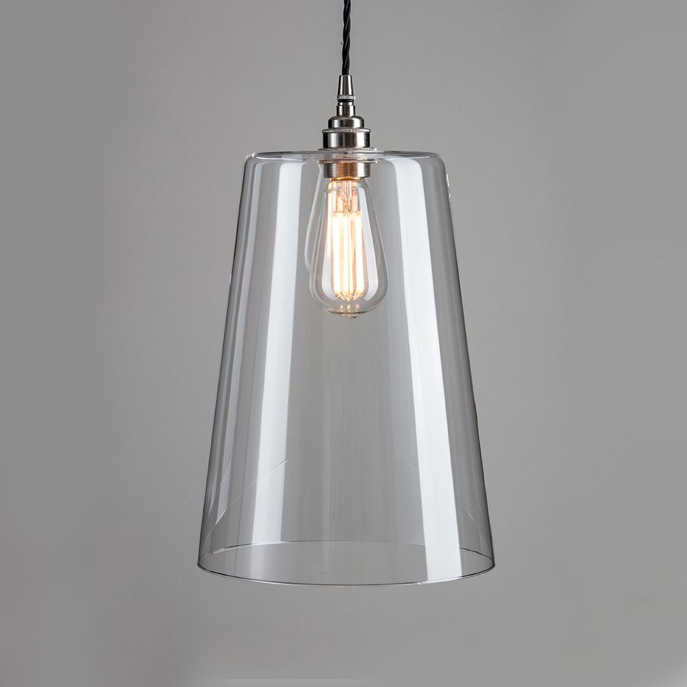 Old School Electric Tapered Blown Glass Pendant Large Black Flex Polished Nickel Fittings Clear Designer Pendant Lighting