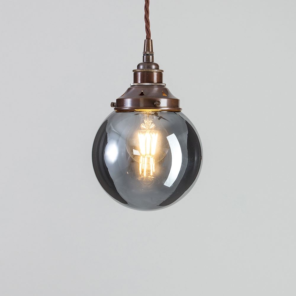 Old School Electric Globe Blown Glass Pendant Smoked Small Dark Brown Flex With Antique Brass Fittings Grey Designer Pendant Lighting