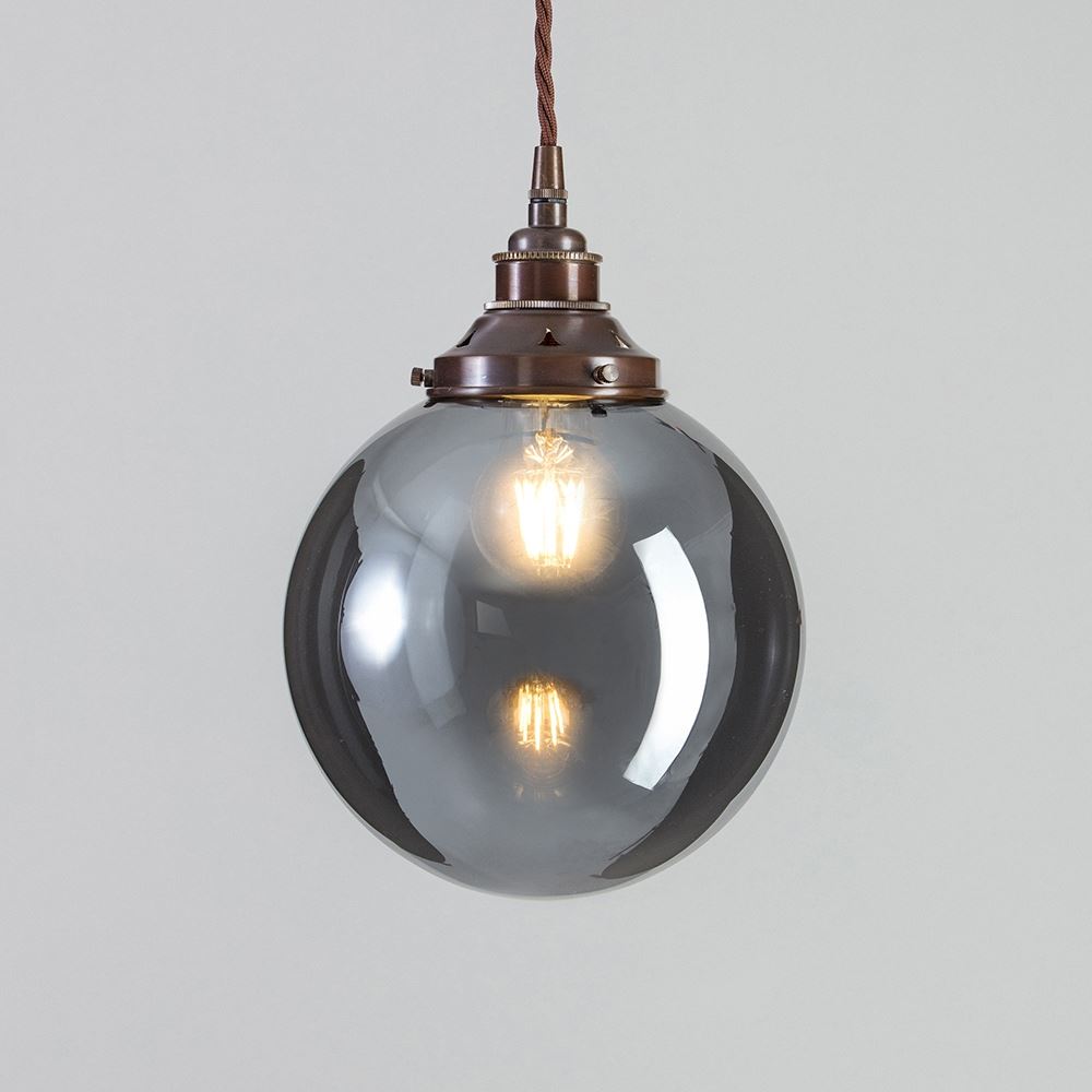 Old School Electric Globe Blown Glass Pendant Smoked Medium Dark Brown Flex With Antique Brass Fittings Grey Designer Pendant Lighting