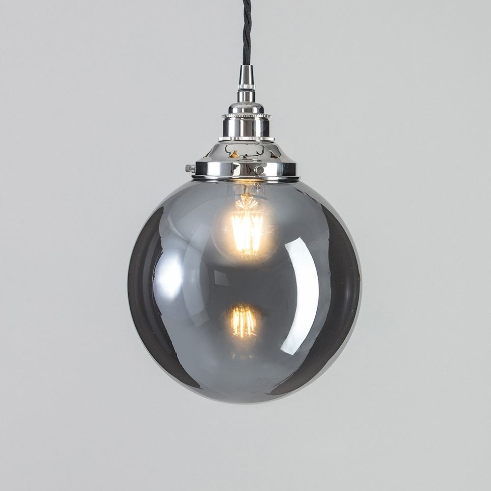 Old School Electric Globe Blown Glass Pendant Smoked Medium Black Flex With Polished Nickel Fittings Grey Designer Pendant Lighting