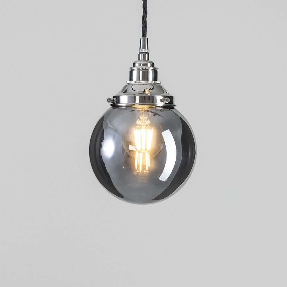 Old School Electric Globe Blown Glass Pendant Smoked Small Black Flex With Polished Nickel Fittings Grey Designer Pendant Lighting