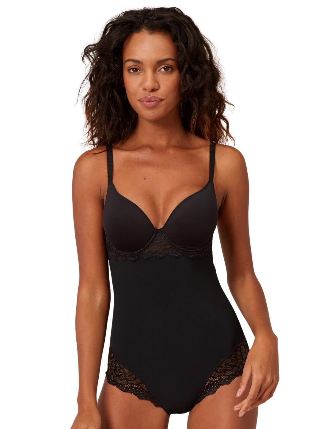 The Caresse control body by Simon Perele is a wardrobe must have. Ultra soft cotton lined cups will keep you fresh and feeling comfortable all day. Underwired without padding gives you a more natural lift. A deep plunging neckline makes this body perfect to wear under your favourite low cut tops or dresses. With seams lay flat against the body on the rear, providing you with more confidence and options of what to wear this body with! No hook and eye fastening at the back means a seamless look under clothes and a more comfortable fit for you. Fastens with snaps at the crotch, with several fasteners you have more control over the fit. Adorned with lace panel around the band that extends to the sides offering a beautiful contrast to this opaque body. The high leg fit offers more movement and is finished off with a beautiful scalloped lace trim.  Underwired Lace Trims Snap fastening on crotch Flat laying seams Adjustable straps Excellent support without the padding Composition: 54% polyamide &pipe; 23% polyester &pipe; 23% elastane Listed in UK sizes  51444-92858-1277256 12A541.015 Control Body