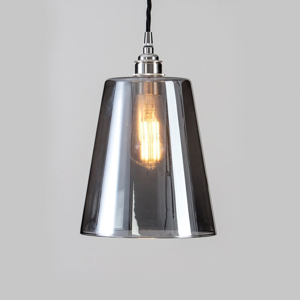 Old School Electric Tapered Blown Glass Pendant Smoked Medium Black Flex With Polished Nickel Fittings Grey Designer Pendant Lighting