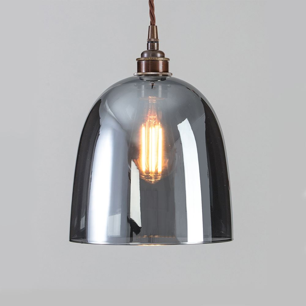 Old School Electric Bell Blown Glass Pendant Smoked Medium Brown Flex With Antique Brass Fittings Grey Designer Pendant Lighting