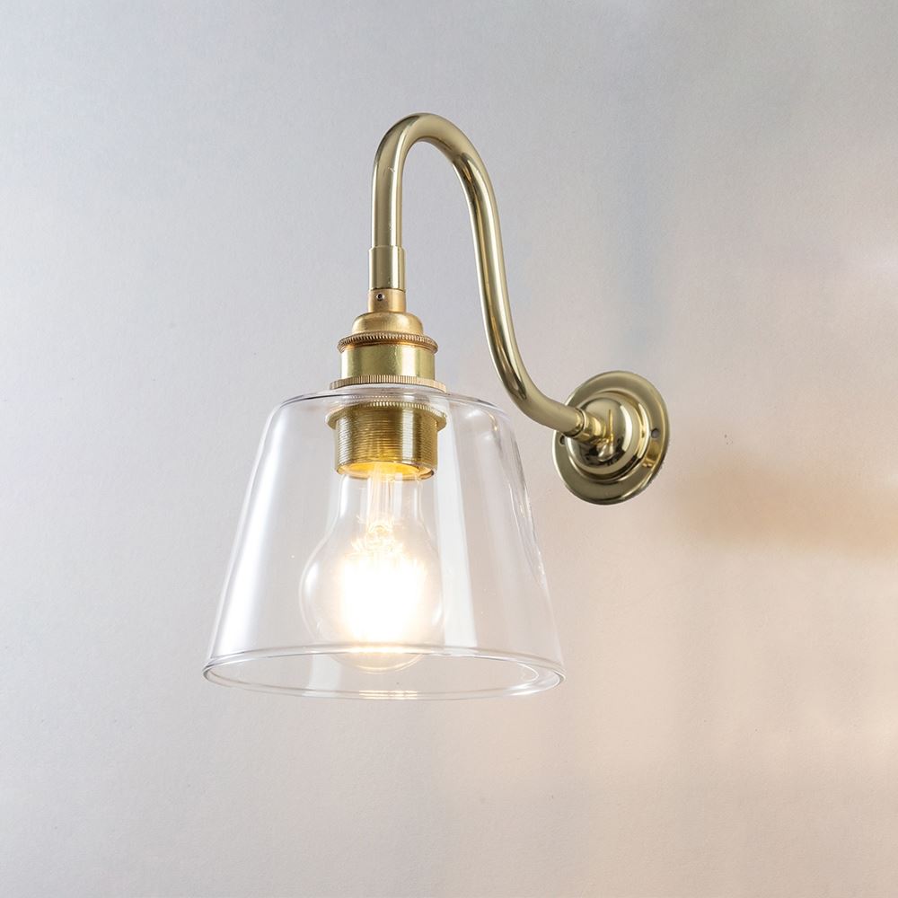 Old School Electric Glass Swan Arm Wall Light Tapered Glass Polished Brass