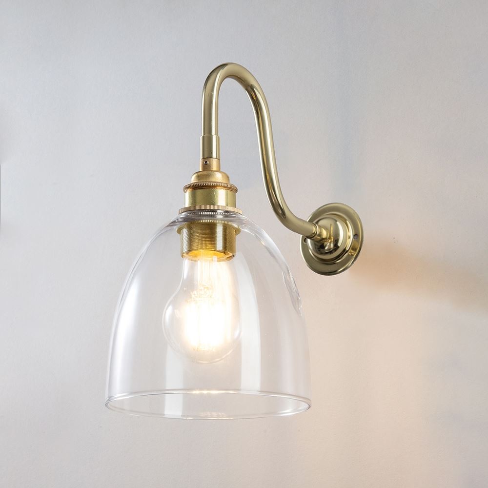 Old School Electric Glass Swan Arm Wall Light Bell Glass Polished Brass
