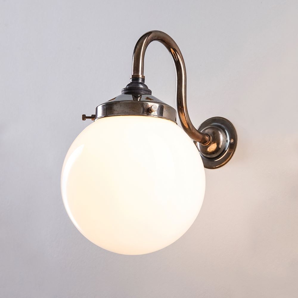 Old School Electric Opal Globe Wall Light Antique Brass Ip44 For Zone 2