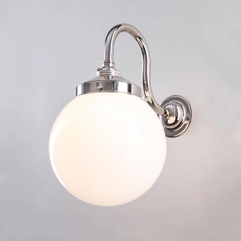 Old School Electric Opal Globe Wall Light Polished Nickel Ip44 For Zone 2