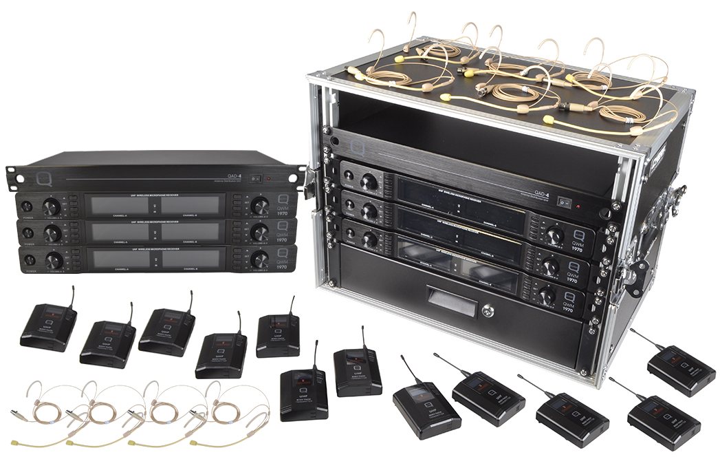 Image of 10 Way Wireless Microphone Set with Belt packs and Headsets Racked Ready to Use