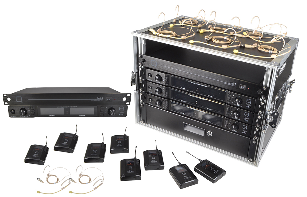 Image of 12 Way Wireless Microphone Set with Belt packs and Headsets Racked Ready to Use