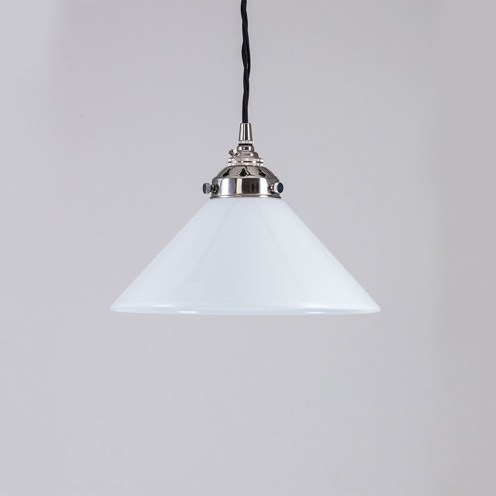 Old School Electric Conical Opal Glass Pendant Light B22 Small Black Flex Polished Nickel Fittings Standard 1m Flex White Designer Pendant Lighti