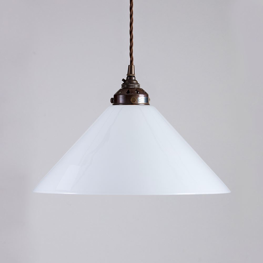 Old School Electric Conical Opal Glass Pendant Light B22 Large Dark Brown Flex Antique Brass Fittings 2m Flex White Designer Pendant Lighting