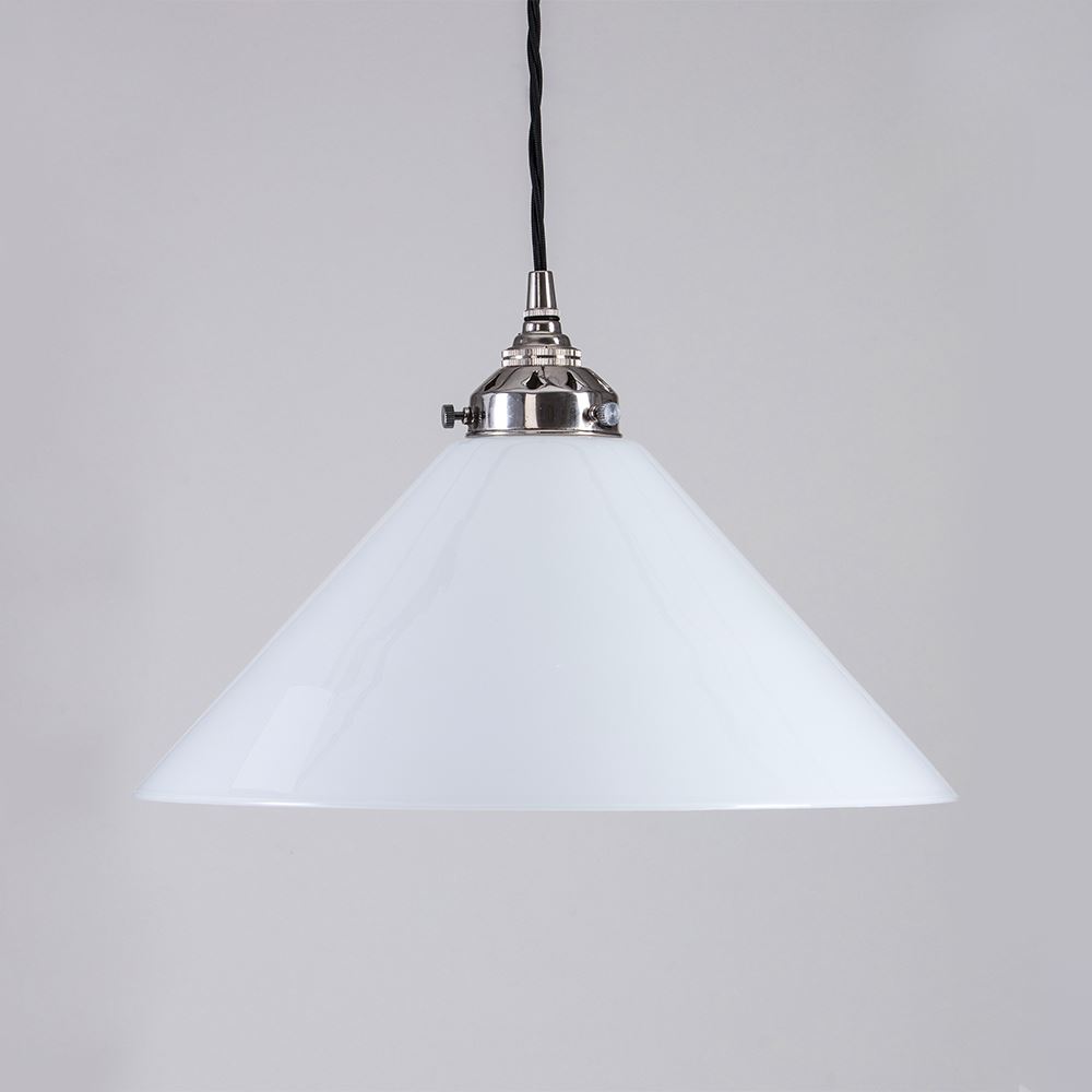 Old School Electric Conical Opal Glass Pendant Light B22 Large Black Flex Polished Nickel Fittings 2m Flex White Designer Pendant Lighting