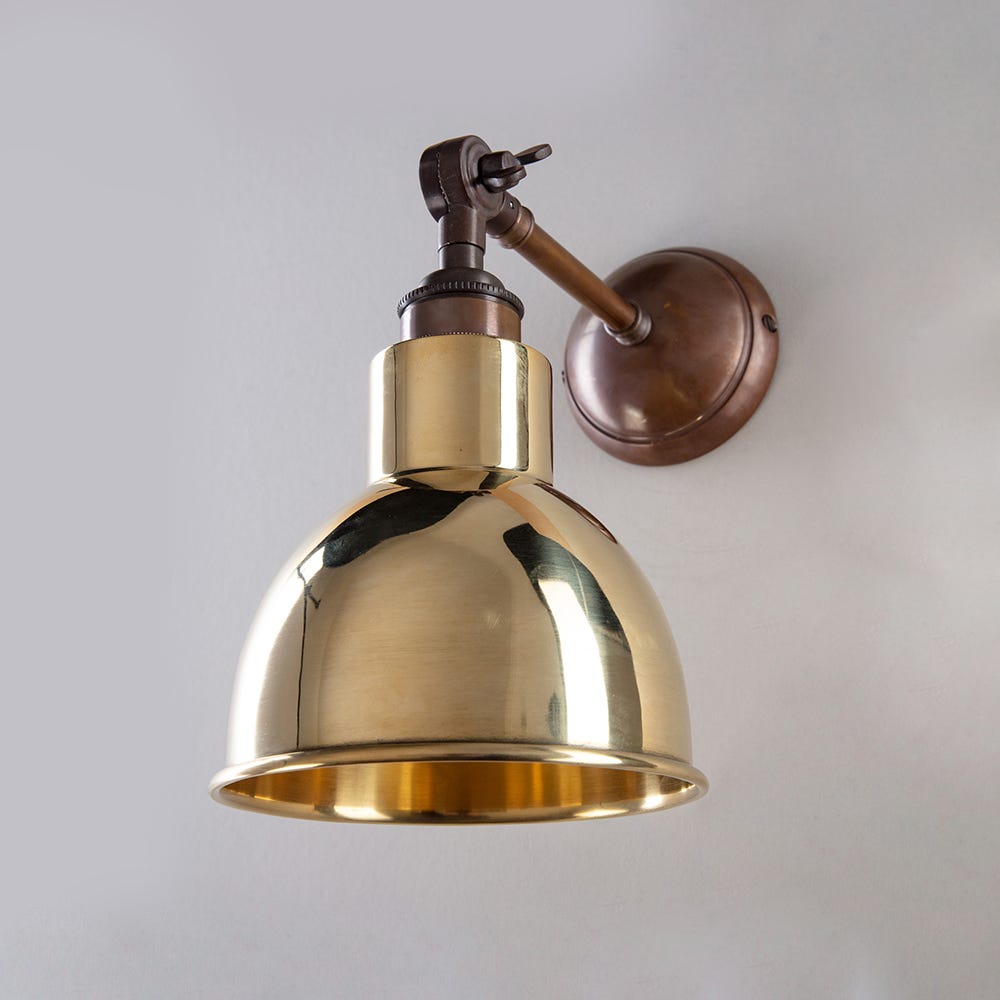 Old School Electric Churchill Wall Light Metal Shades Churchill Long Arm Antique Brass With Polished Brass Shade