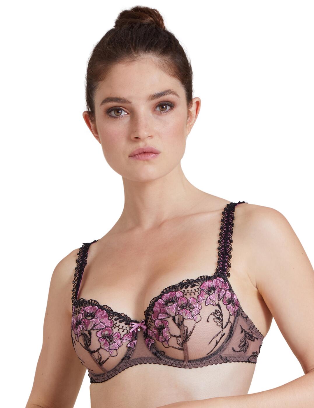 The A Fleur De Toi collection from Aubade knows exactly how to bring out your inner goddess without sacrificing a comfortable fit. This bra features half-coverage cups in a classic balcony-style neckline, creating an alluring décolletage. The semi-sheer mesh material gives you a sensual feel, while the breath-taking floral embroidery in a contrasting colour brings out the luxurious elegance. The adjustable straps are decorated with a delicate guipure band, which together with the cute satin bow in the centre of the bridge, finishes the stunning look of this bra.  Classic balcony style Stunning floral embroidery on the cups Semi-sheer materials Adjustable shoulder straps Hook and eye back closure Non-padded Underwired Matching coordinates available Country of origin: Tunisia Composition: Cup embroidery: 100% Polyester Composition: Embroidery back: 55% Polyamide &pipe; 24% Polyester &pipe; 21% Elastane Composition: Lining: 100% Polyester Composition: Side lining: 100% Polyamide Composition: Tulle: 80% Polyamide &pipe; 20% Elastane Listed in UK sizes  54944-98023-1271450 IBF14 Half Cup Bra