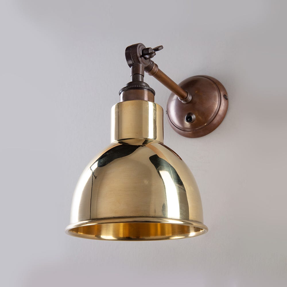 Old School Electric Churchill Wall Light Metal Shades Churchill Long Arm Switched Antique Brass With Polished Brass Shade