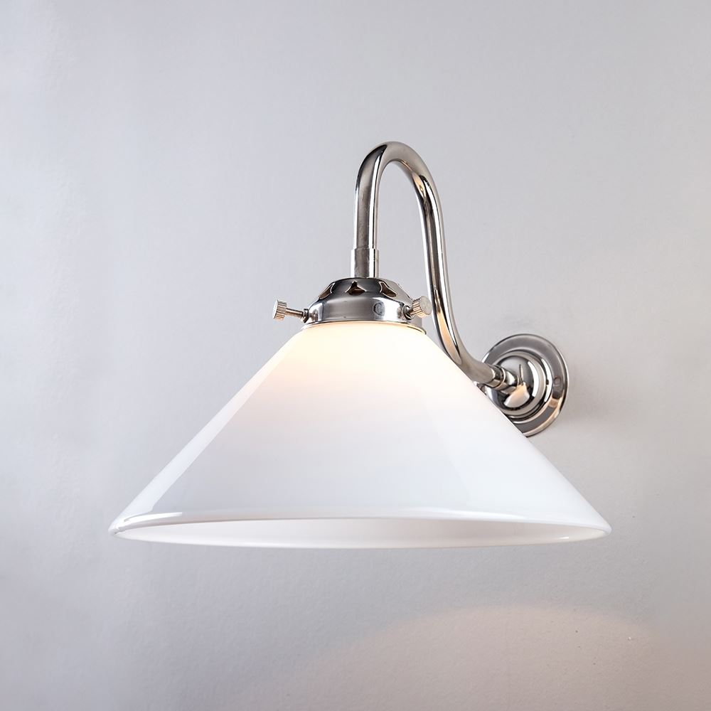Old School Electric Conical Glass Wall Light Polished Nickel White Add Ip44 Fitting For Zone 2