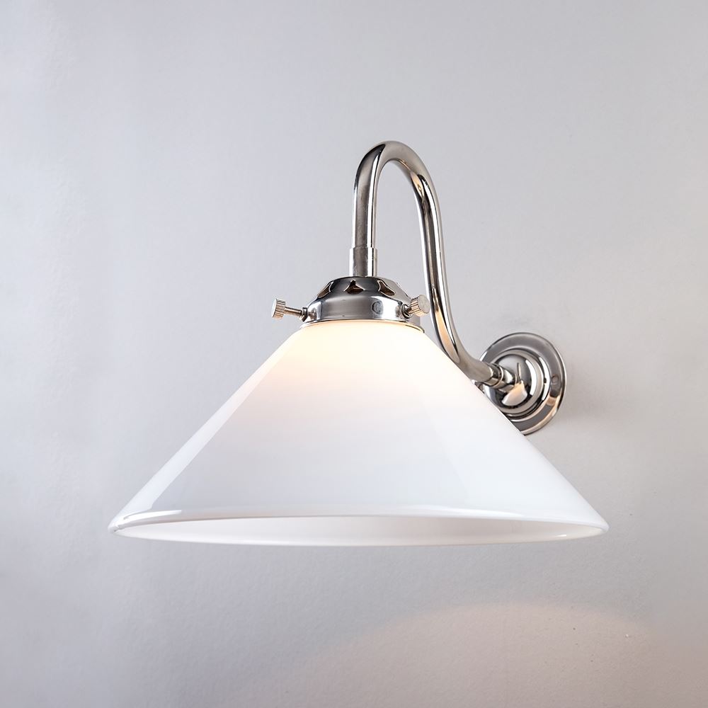 Old School Electric Conical Glass Wall Light Polished Nickel White Standard