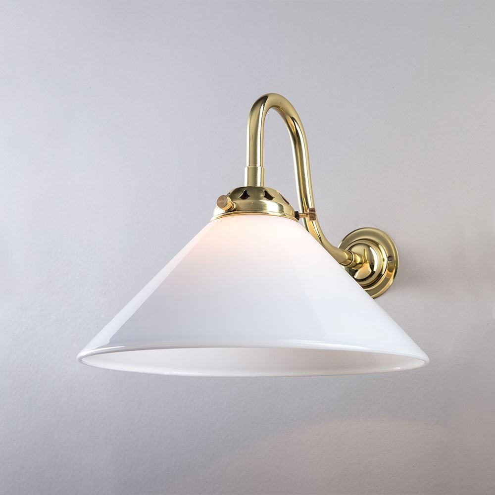 Old School Electric Conical Glass Wall Light Polished Brass White Standard