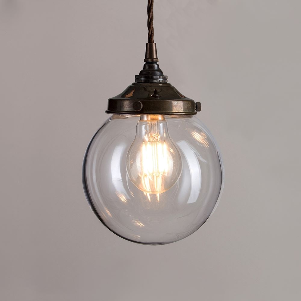 Old School Electric Globe Blown Glass Pendant B22 Small 15cm Dark Brown Flex With Antique Brass Fittings 2m Flex Clear Designer Pendant Lighti