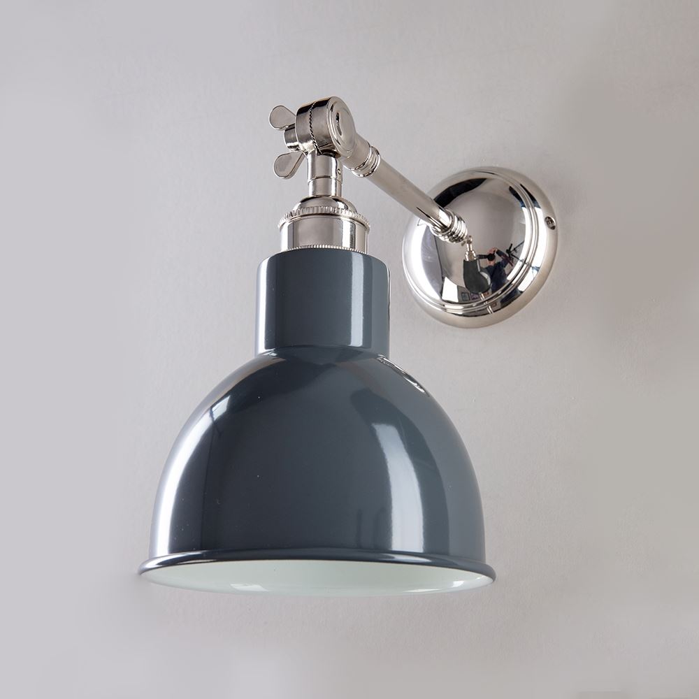 Old School Electric Churchill Wall Light Coloured Shades Unswitched Polished Nickel Grey Shade