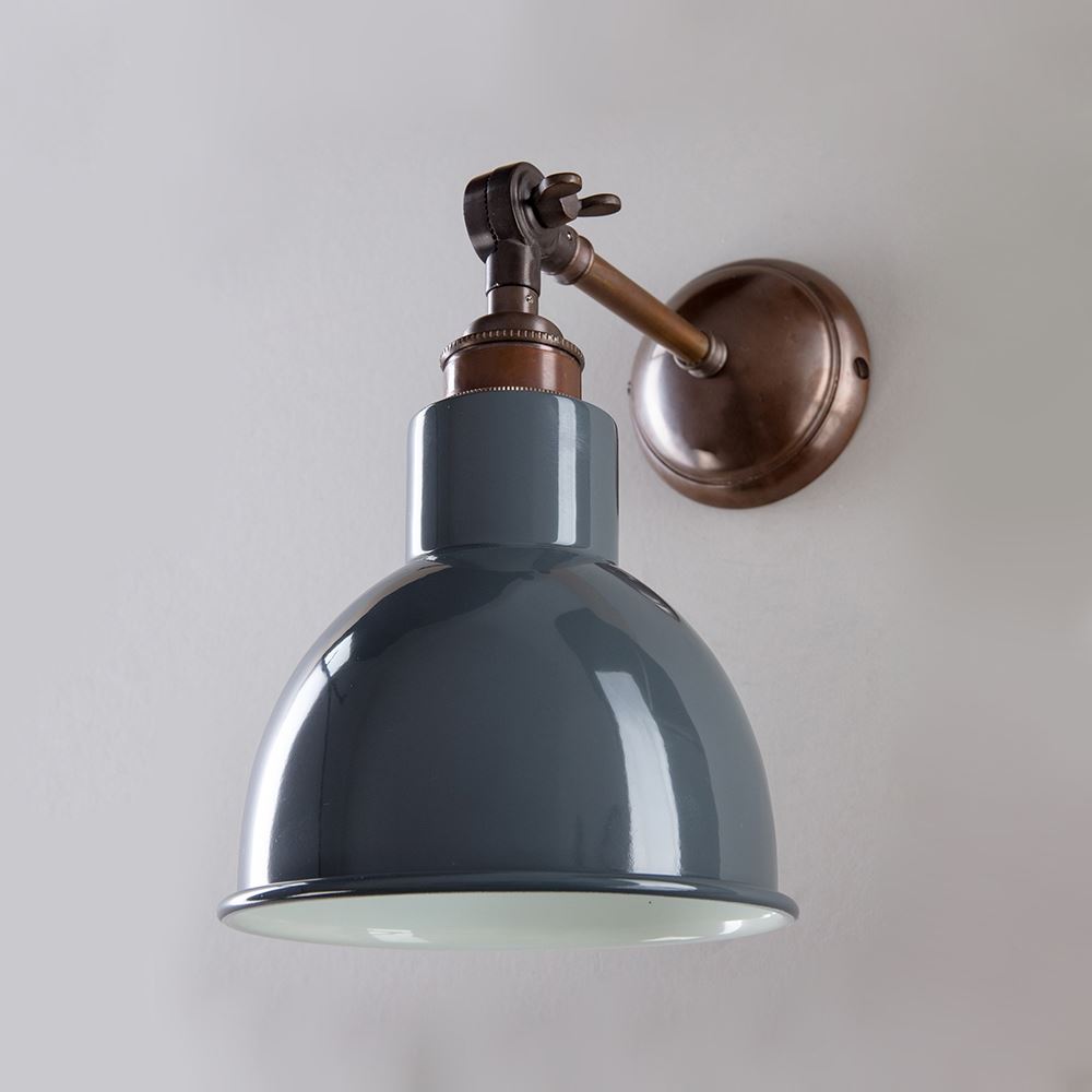 Old School Electric Churchill Wall Light Coloured Shades Unswitched Antique Brass Grey Shade