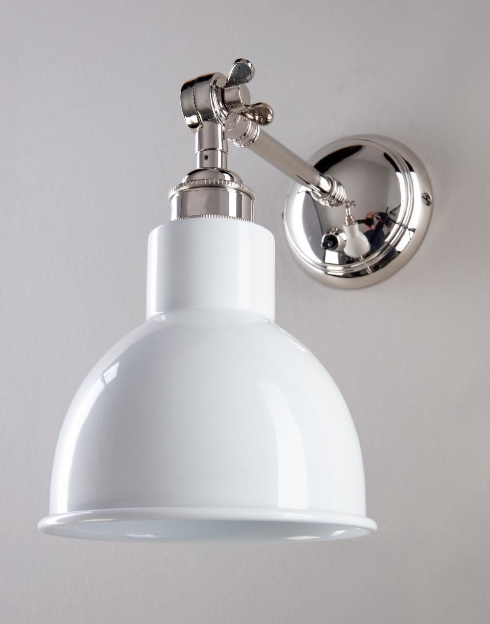 Old School Electric Churchill Wall Light Coloured Shades Switched Polished Nickel White Shade