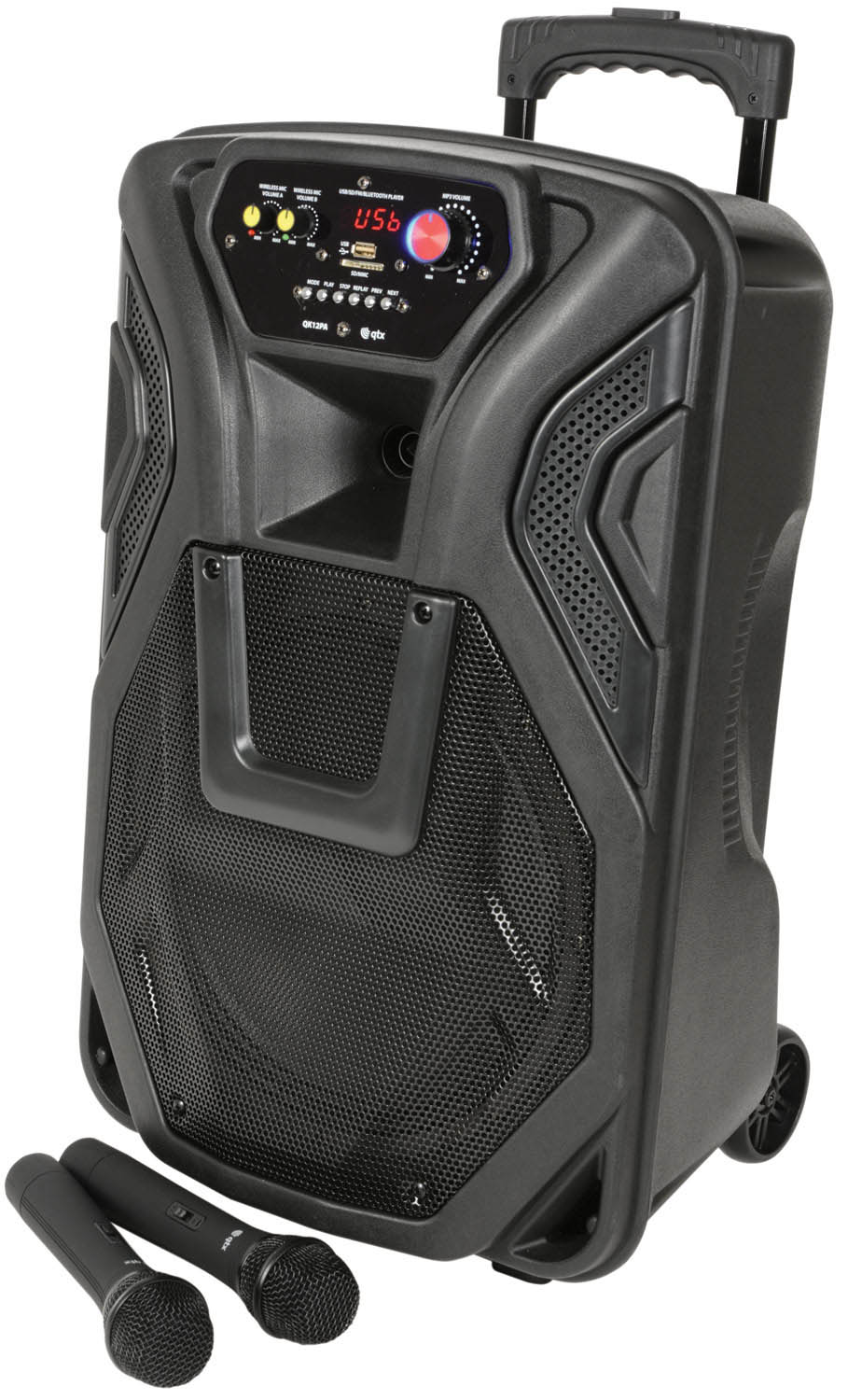 12" Portable PA Speaker with VHF Mics, Media Player & Bluetooth