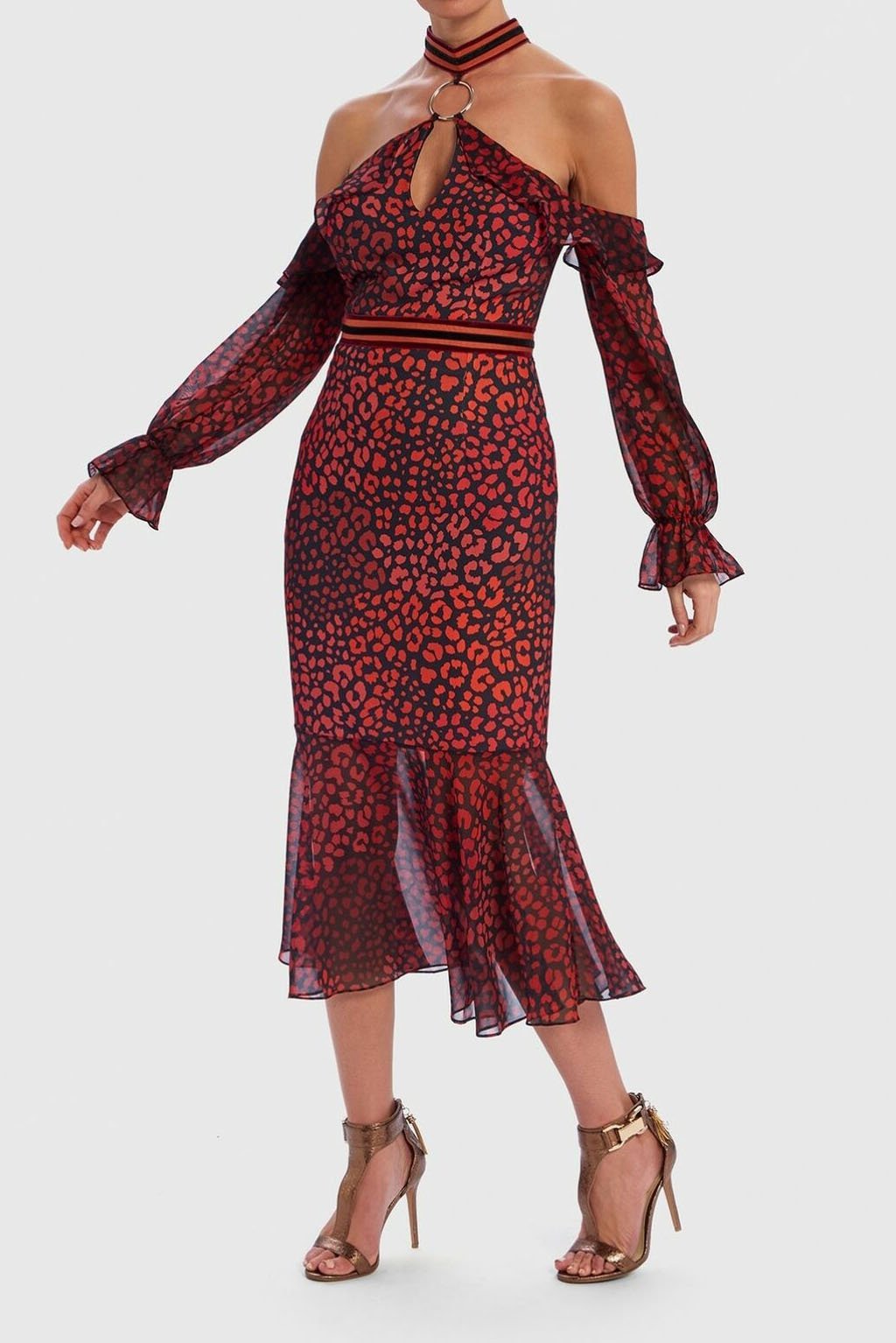 Roxanna Leopard Print Cold-Shoulder Contrast Ruffle Dress - Red - 8
